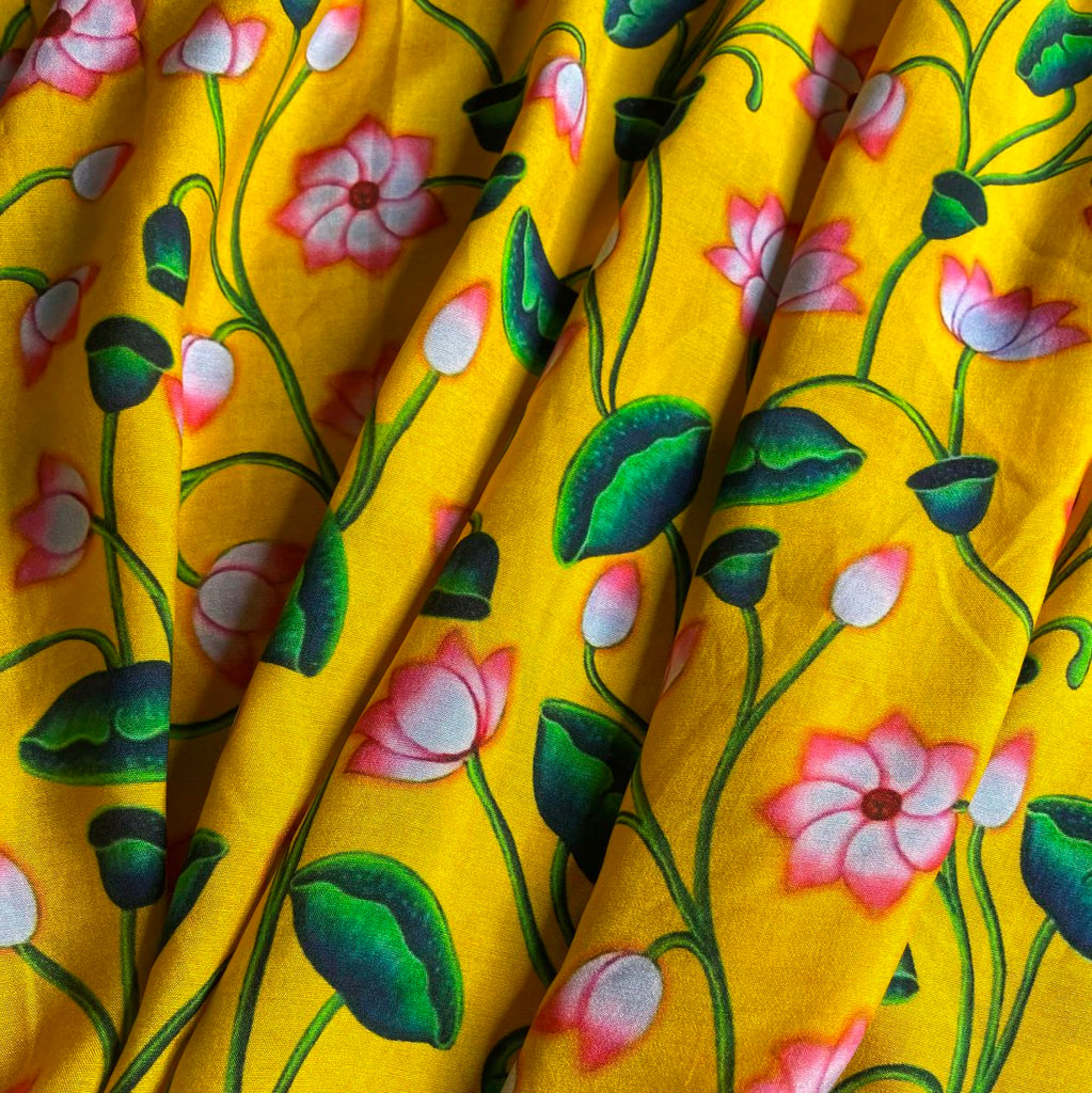 Sunrise Lotus  Muslin Fabric (Yellow, Floral, Muslin)