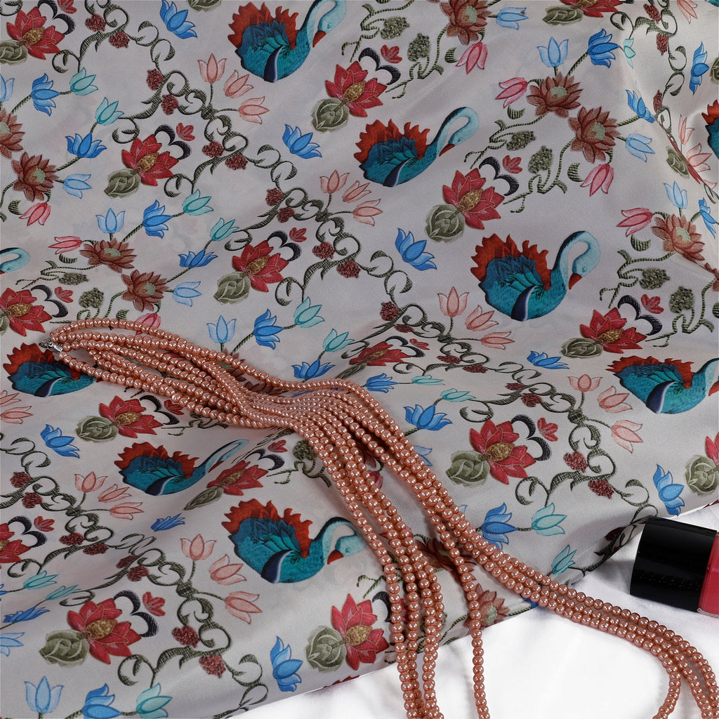 Little paradise Bengali Silk Fabric  (White, Animals & Bird, Bengali Silk)