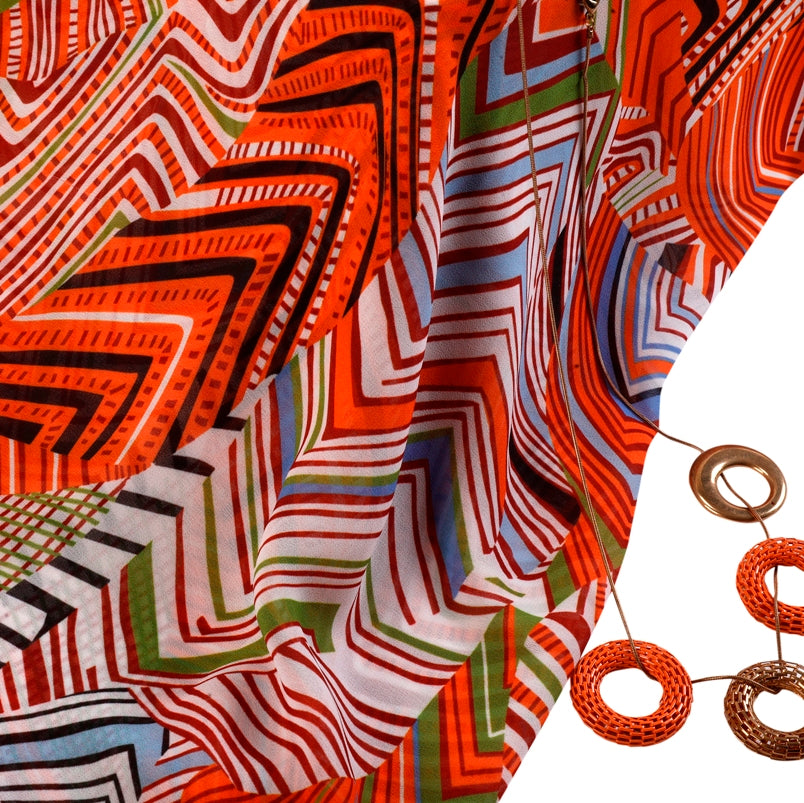 Flares of Zig Zag Georgette Fabric (Orange , Brown & Black, Stripes, Georgette)