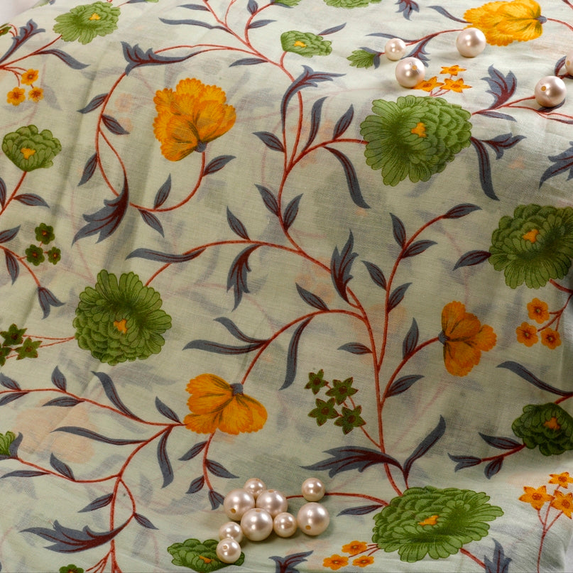 Fleme Essence Mulmul Fabric (Green, Floral, Mulmul)