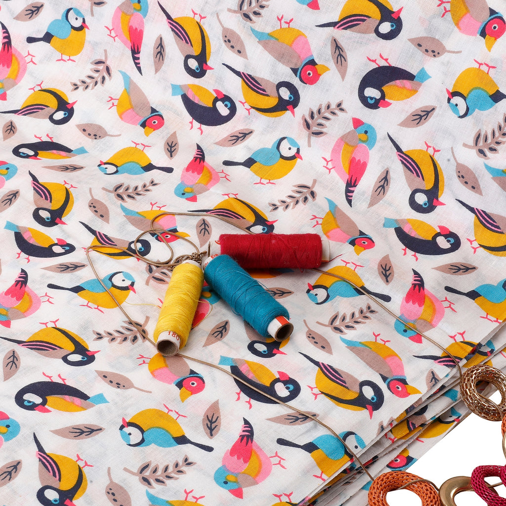 Pop Xo Cotton Fabric (White, Yellow & Black, Animals & Bird, Cotton)