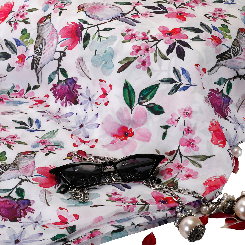 Natural Glow Muslin Fabric (White & Pink, Birds & Nature, Muslin)