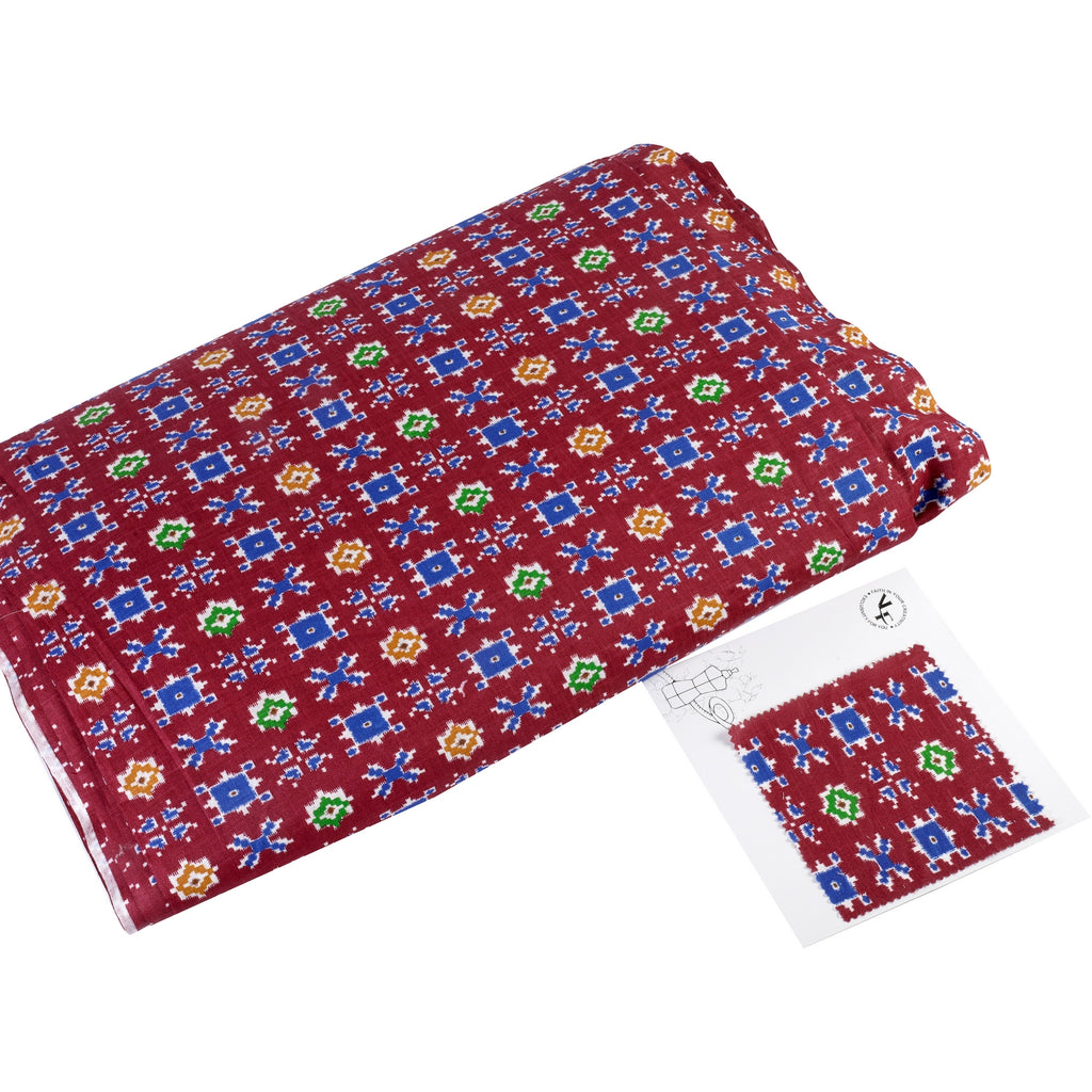 Ikkat Way Cotton Fabric(Maroon, Blue, Green & Yellow, Traditional, Cotton )