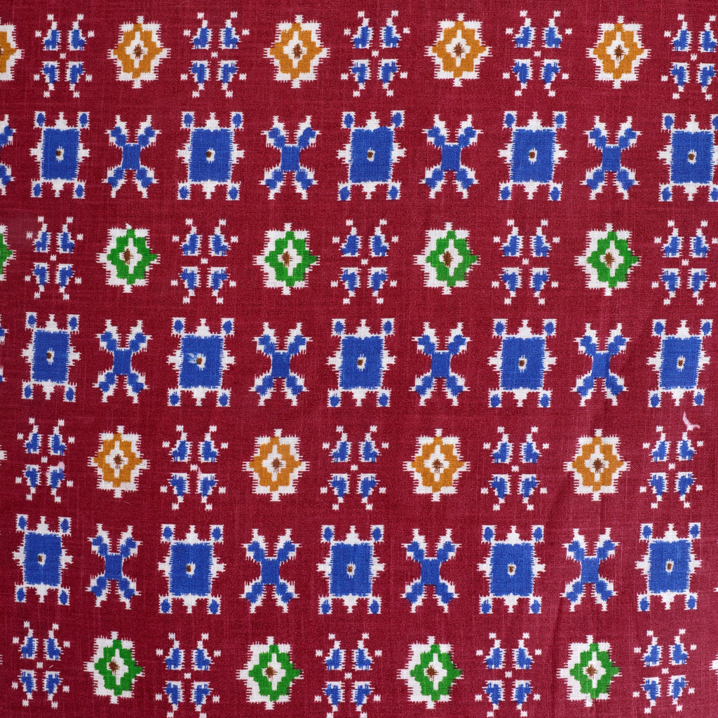 Ikkat Way Cotton Fabric(Maroon, Blue, Green & Yellow, Traditional, Cotton )