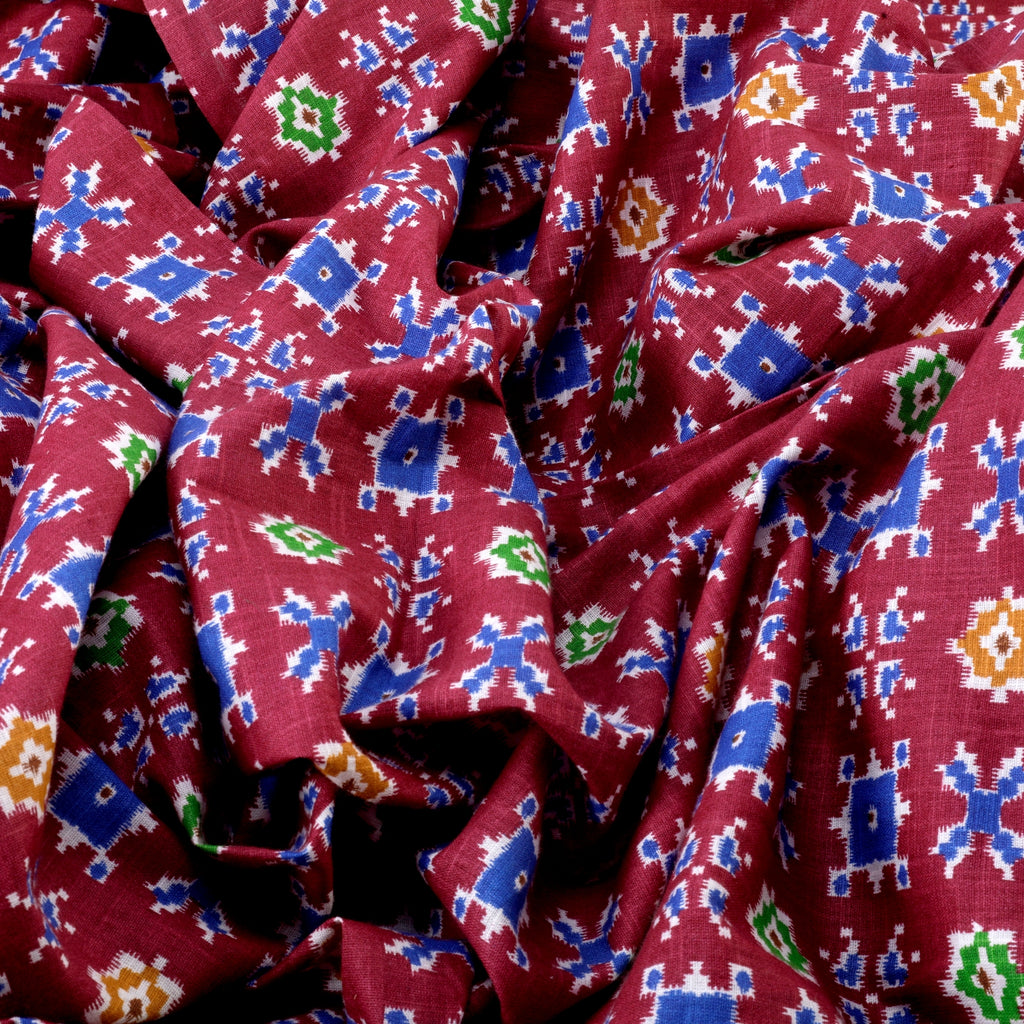 Ikkat Way Cotton Fabric(Maroon, Blue, Green & Yellow, Traditional, Cotton )