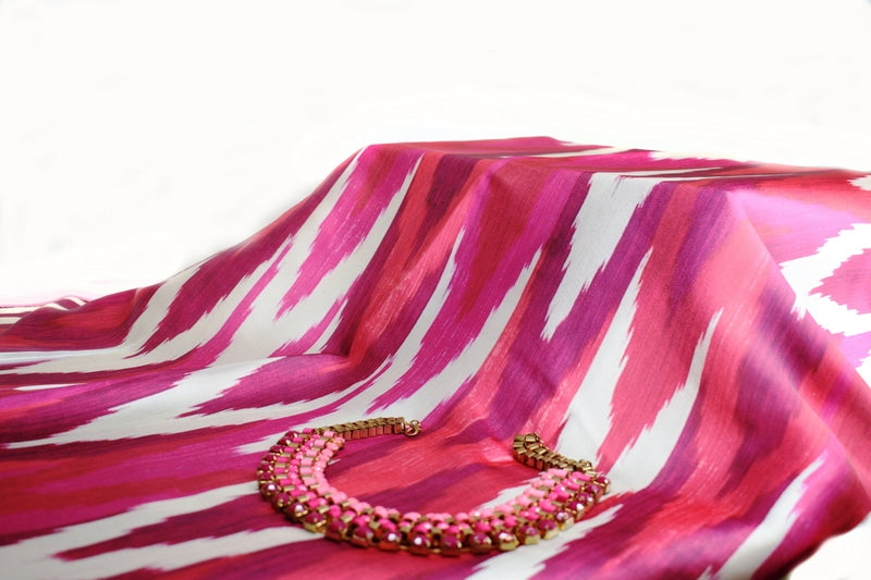 Ikkat Glow Satin Fabric (Pink, White, Ikkat, Satin)