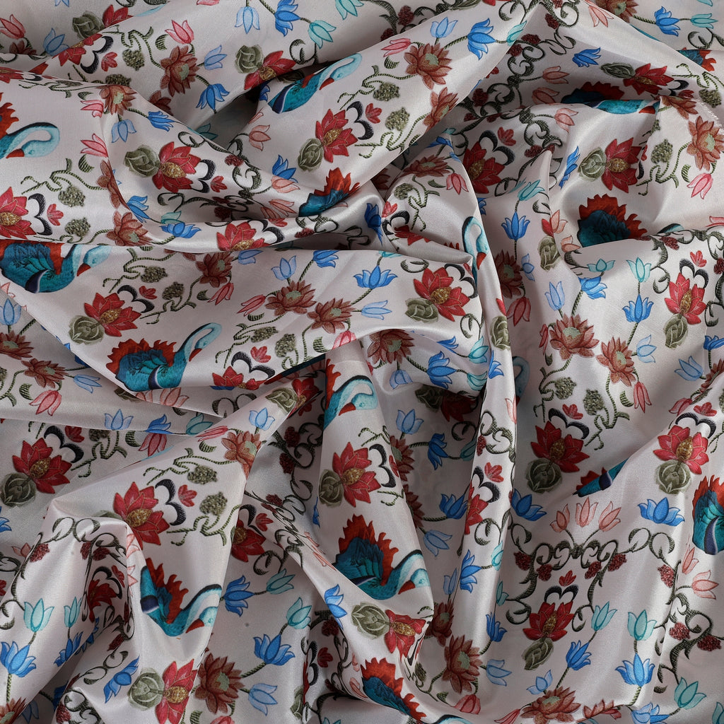 Little paradise Bengali Silk Fabric  (White, Animals & Bird, Bengali Silk)