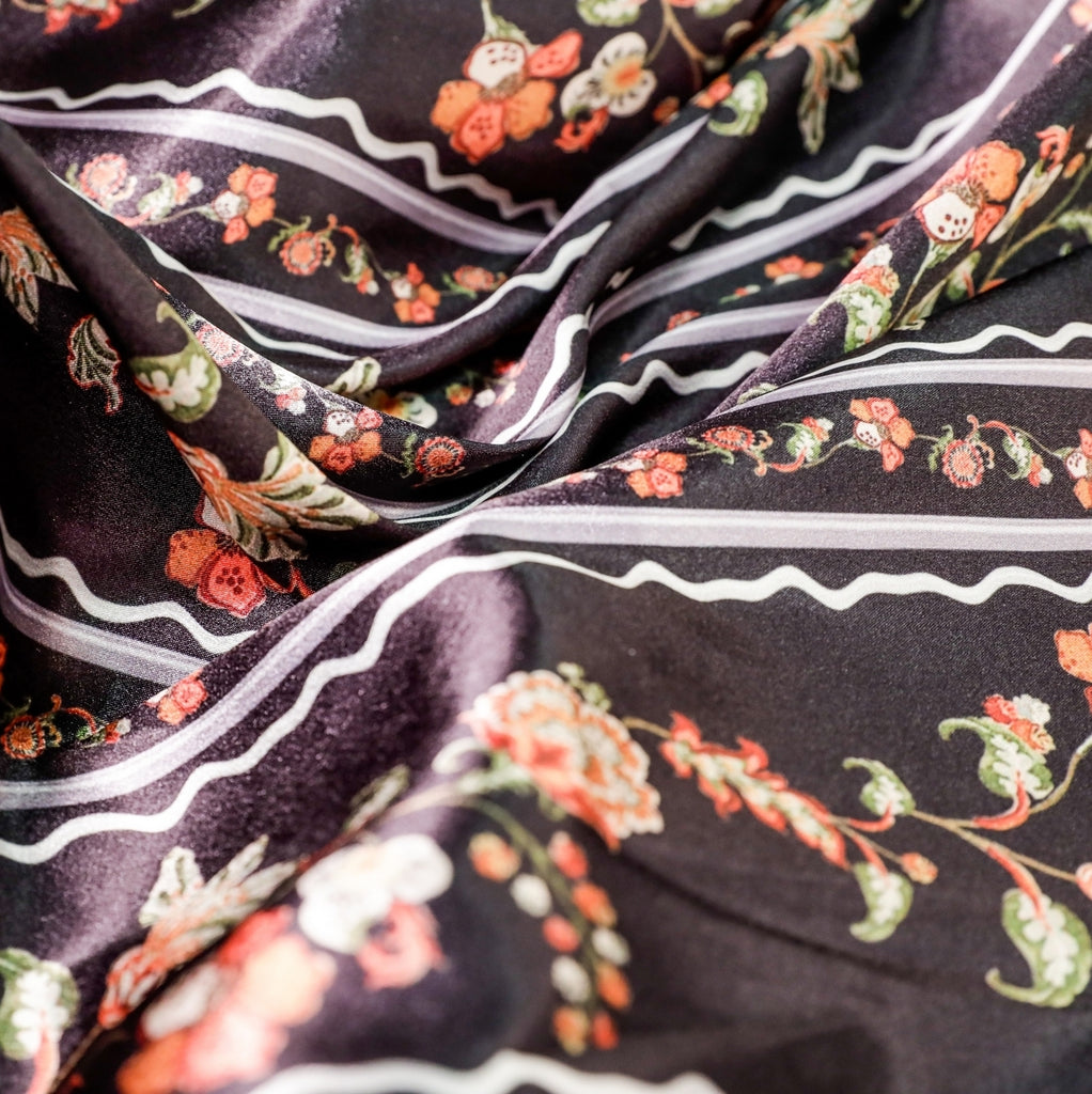 Midnight wildflower  Satin Fabric  (Black, Floral, Satin)