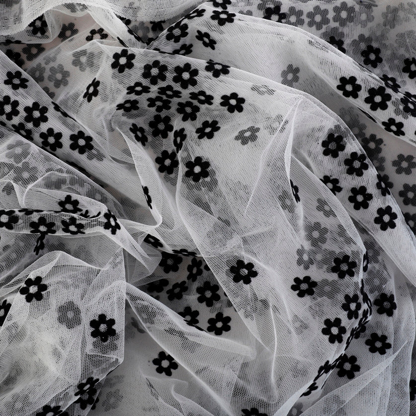 Daisy Art Net Fabric (White & Black, Modern & Floral, Net )