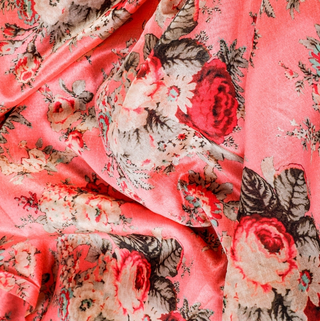 Dolled Up Satin Fabric (Peach, Floral, Khadi Satin)