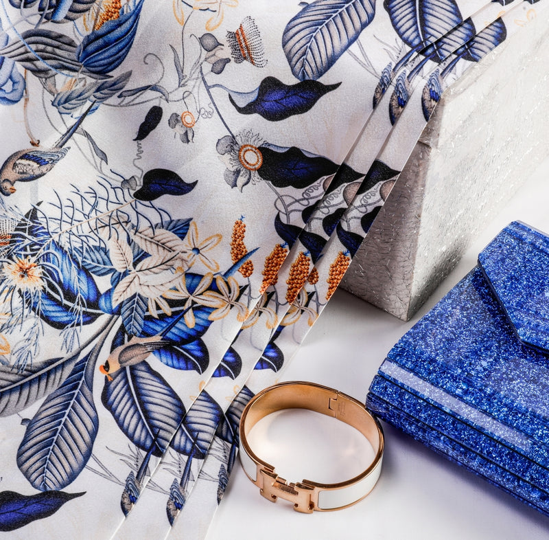 Morning Paradise Crepe Fabric (White, Blue, Crepe)