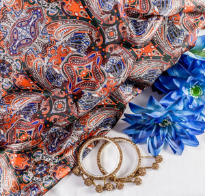 Persian Paisley Silk Fabric (Orange, Blue, Silk)