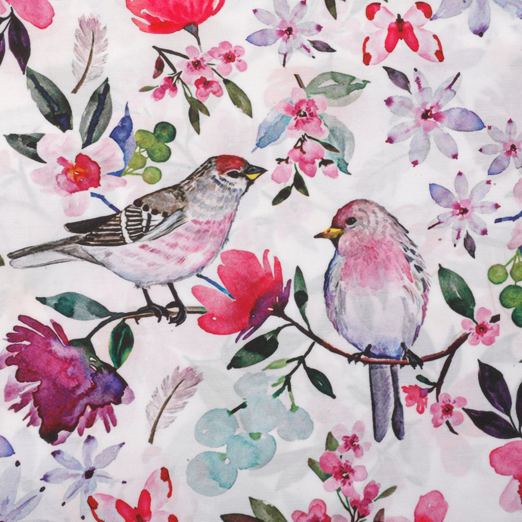 Natural Glow Muslin Fabric (White & Pink, Birds & Nature, Muslin)