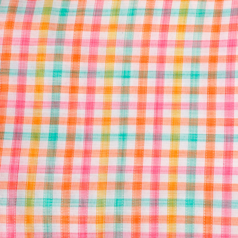 Vivid Luxe Cotton Linen Fabric (Pink, Green & Yellow, Checks, Cotton Linen)